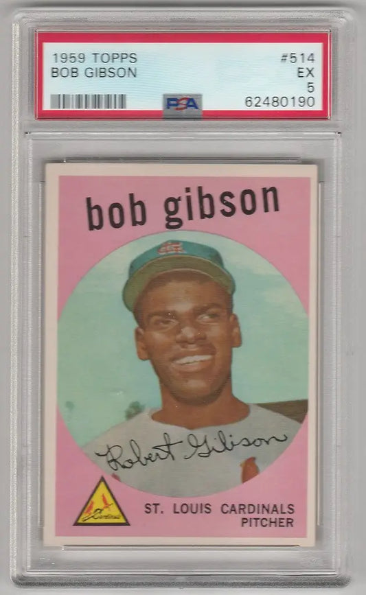 Graded Bob Gibson PSA 5 Cardinals rookie card from 1959 Topps in protective case