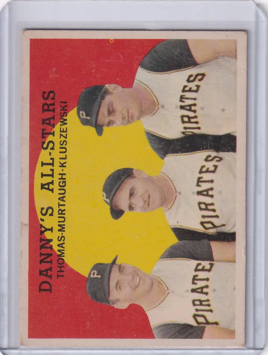 Vintage baseball card of Frank Thomas, Murtaugh, and Ted Kluszewski in vibrant colors