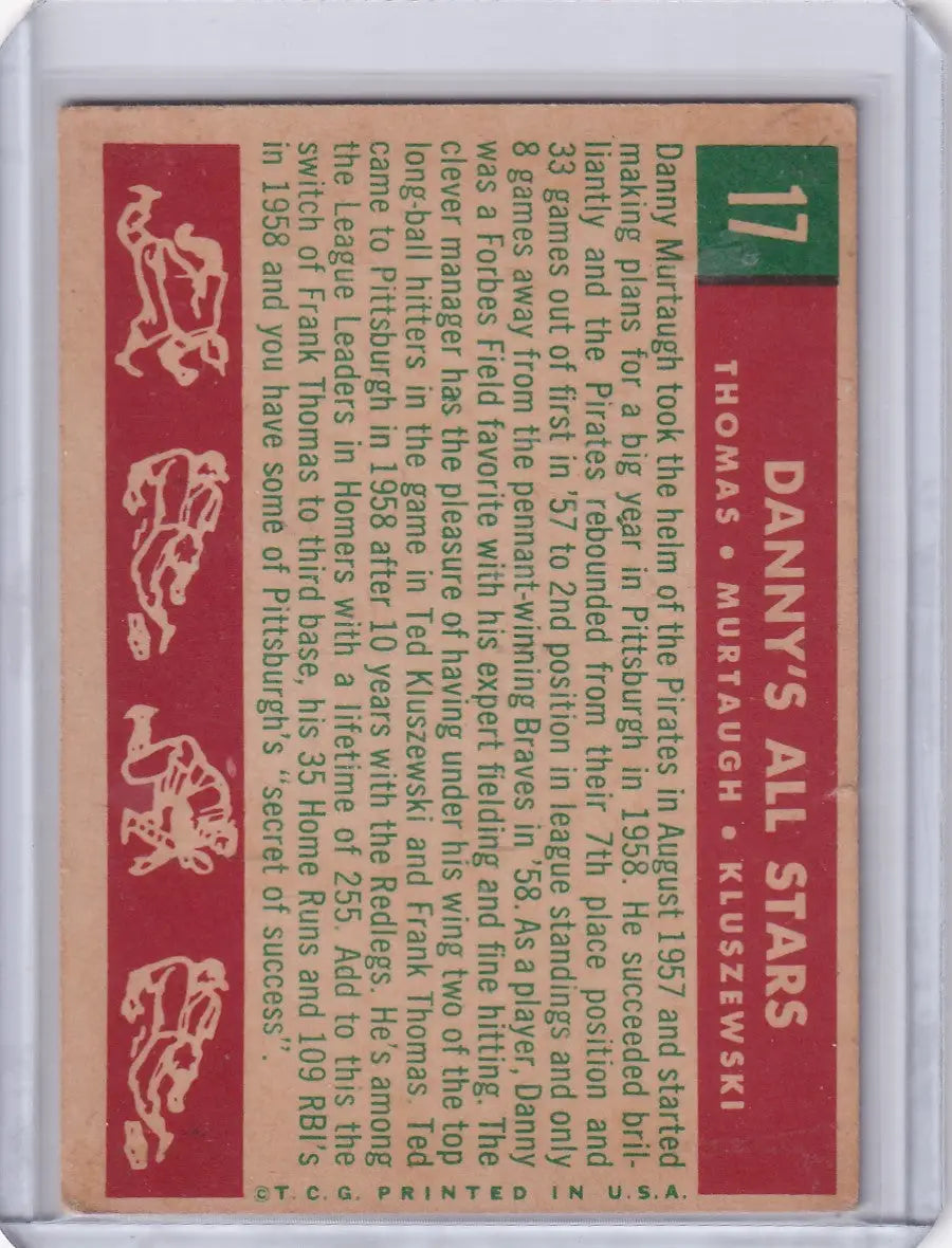 Vintage baseball card back featuring Frank Thomas, Murtaugh, and Ted Kluszewski illustrations