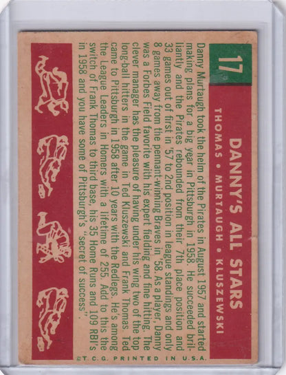 Vintage baseball card back featuring Frank Thomas, Murtaugh, and Ted Kluszewski illustrations