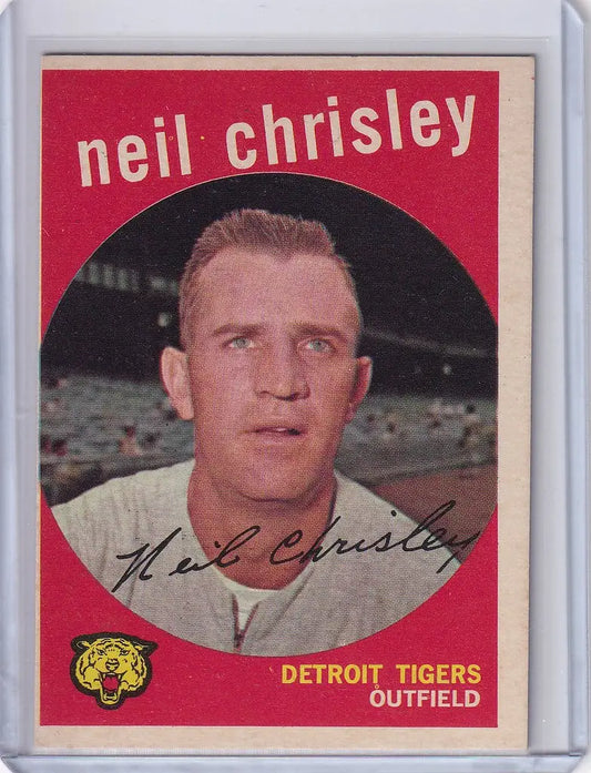 Vintage Topps Baseball card of Neil Chrisley from Detroit Tigers with red background