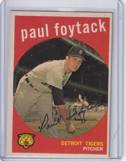 Vintage Topps Baseball card of Paul Foytack, Detroit Tigers pitcher in throwing stance