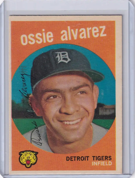 Baseball card of Ossie Alvarez, smiling for the Detroit Tigers in Topps Baseball