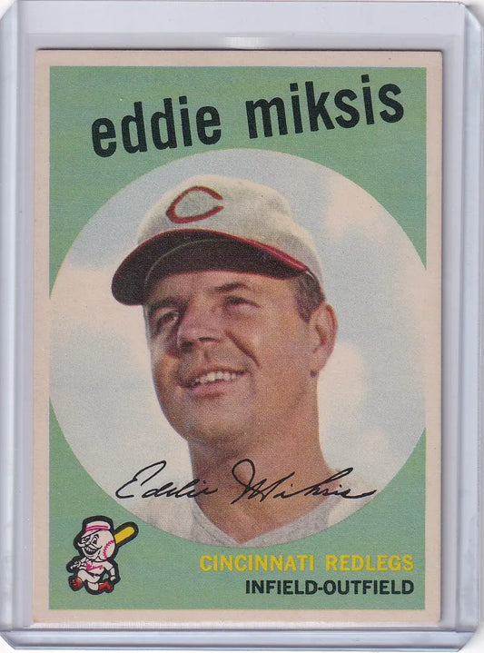 Vintage 1959 Topps Baseball card of Eddie Miksis, Cincinnati Reds player in cap