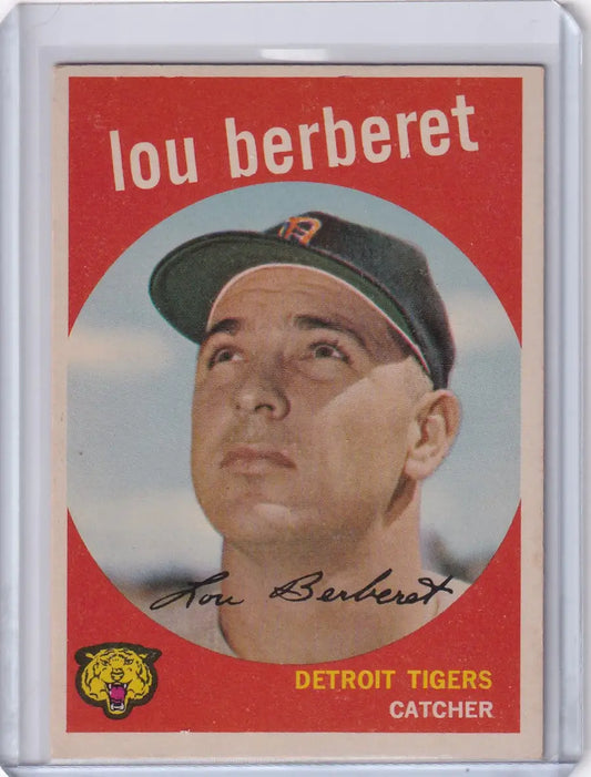 Vintage Topps Baseball card of Lou Berberet, Detroit Tigers catcher in team cap