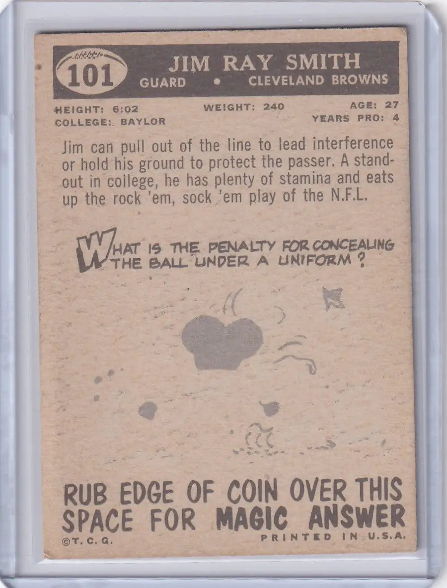 Vintage 1959 Topps Football Jim Ray Smith RC UER card with magic answer scratch-off section