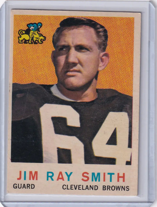 Vintage 1959 Topps Football card of Jim Ray Smith RC UER featuring Cleveland Browns guard