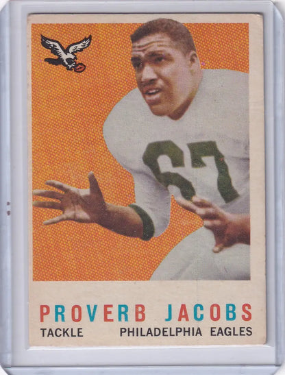 Vintage 1959 Topps Football card of Proverb Jacobs, Philadelphia Eagles jersey number 67