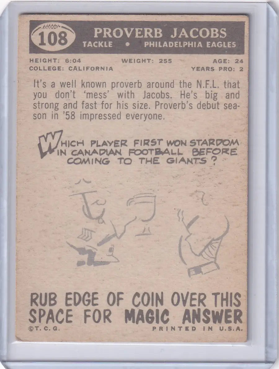 Vintage Topps Football card of Proverb Jacobs from the Philadelphia Eagles with trivia