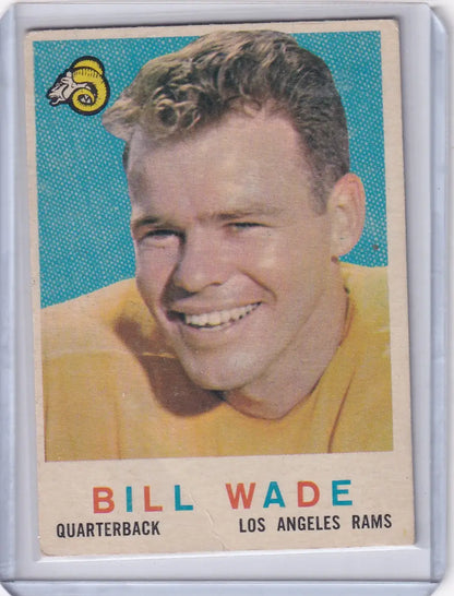 Vintage 1959 Topps Football card of Los Angeles Rams quarterback in yellow jersey