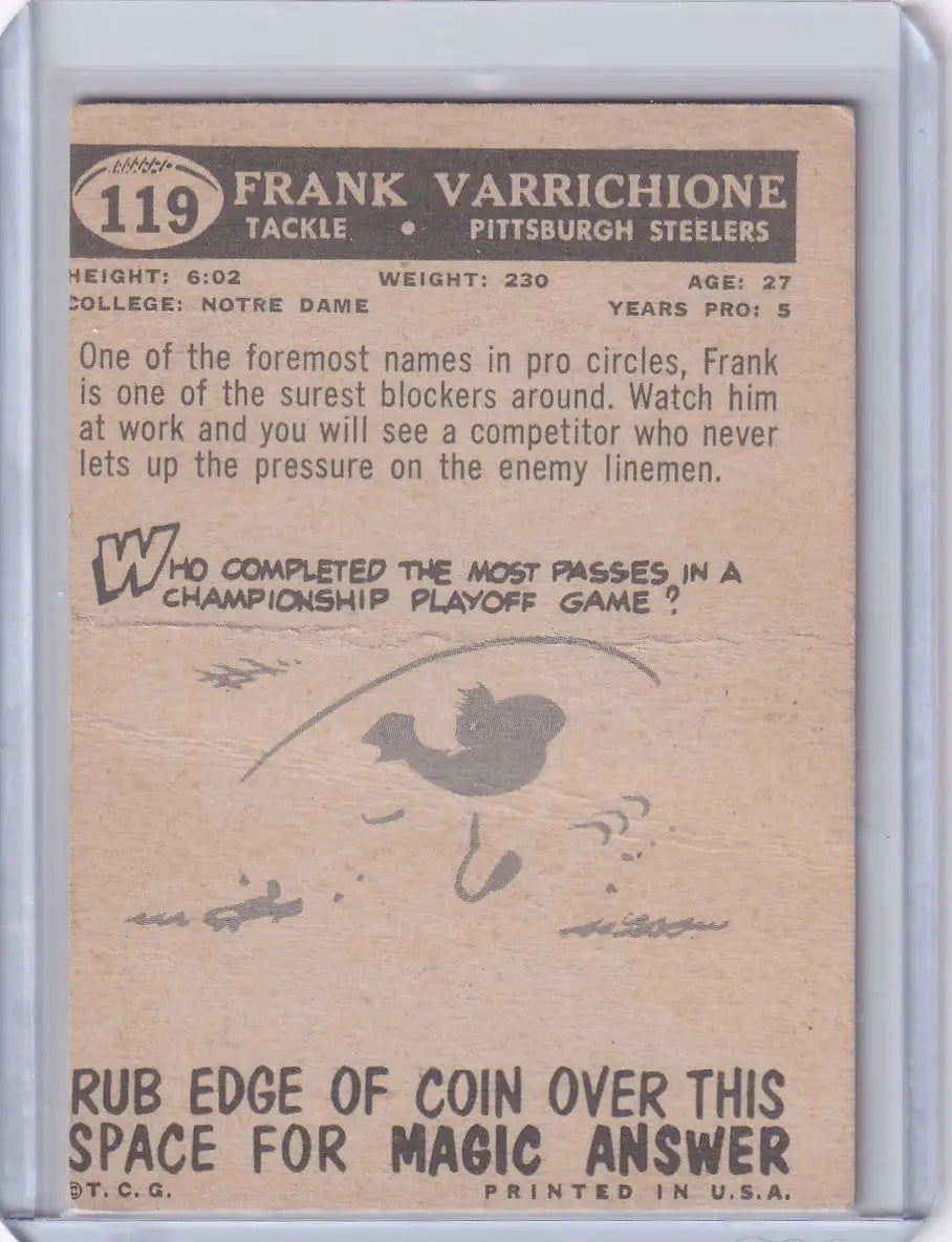 Vintage 1959 Topps Football card of Frank Varrichione with trivia and scratch-off area