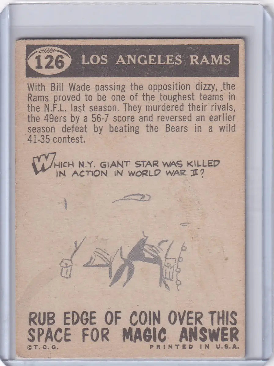 Vintage Los Angeles Rams trading card featuring Topps Football scratch-off trivia question