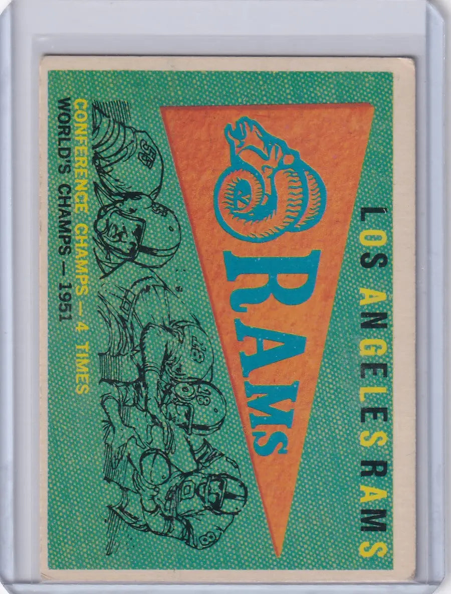 Vintage green and orange Rams Pennant featuring Los Angeles Rams and cartoon illustrations