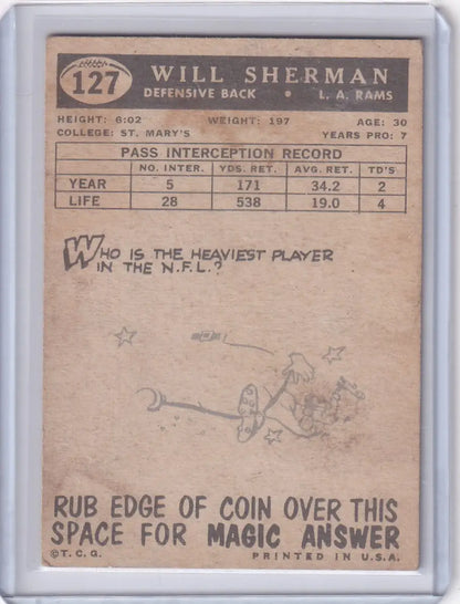 Back of 1959 Topps Football #127 Will Sherman card featuring Los Angeles Rams stats