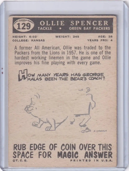 Vintage Topps Football trading card of Green Bay Packers Ollie Spencer #129 RC