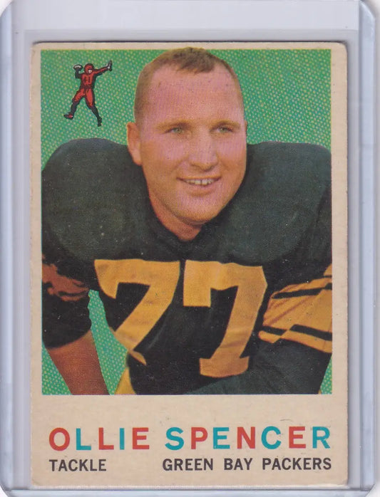 Vintage 1959 Topps Football card of Ollie Spencer, Green Bay Packers tackle number 77