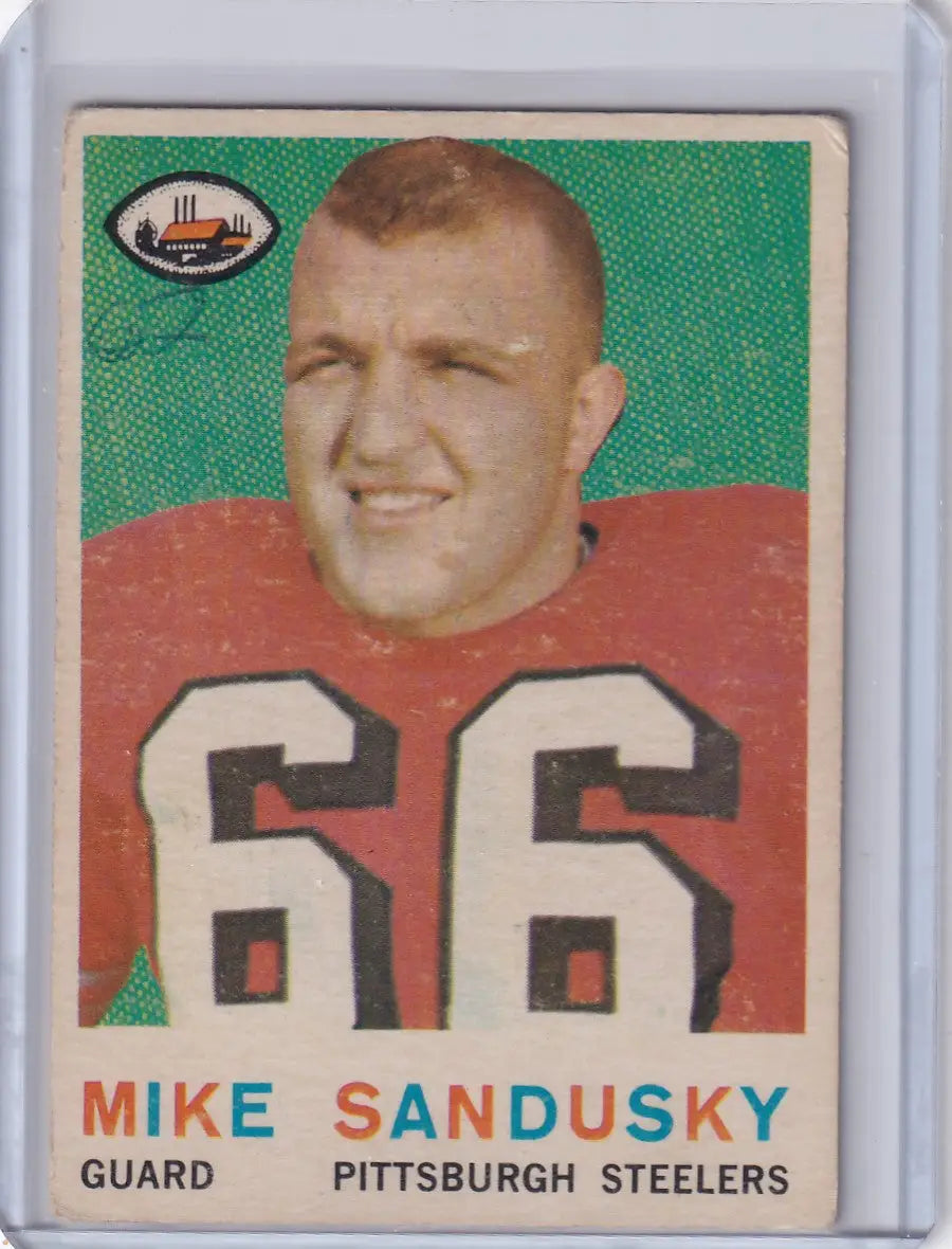 Vintage 1959 Topps Football card of Mike Sandusky, Pittsburgh Steelers guard number 66