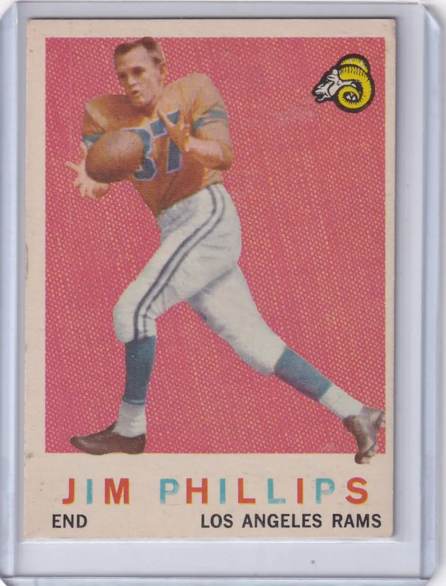 Vintage 1959 Topps Football card of Jim Phillips running for the Los Angeles Rams