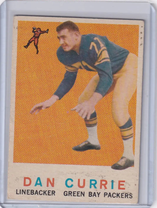 Vintage Topps Football card of Dan Currie, Green Bay Packers linebacker in stance