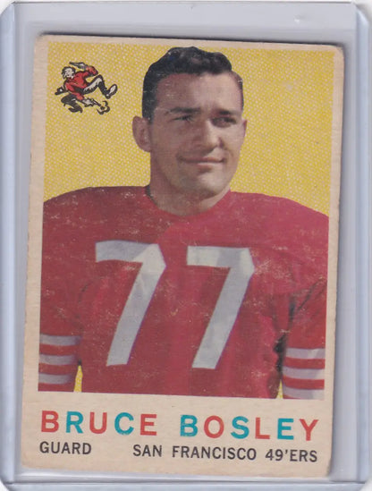 Vintage 1959 Topps Football card of Bruce Bosley, San Francisco 49ers guard, jersey 77