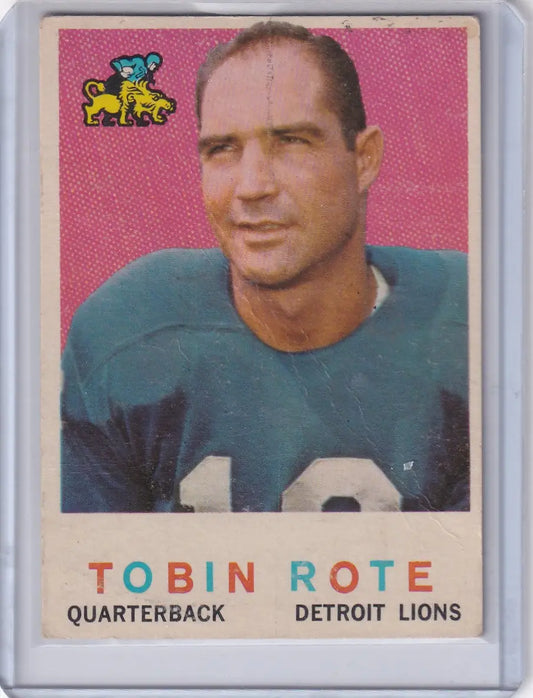 Vintage 1959 Topps Football card of Tobin Rote in Detroit Lions teal jersey