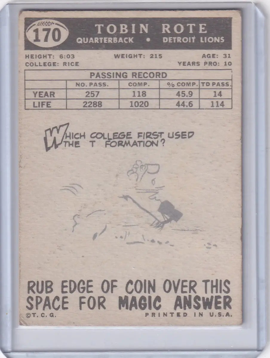 Vintage Topps Football card of Tobin Rote with T Formation scratch-off question