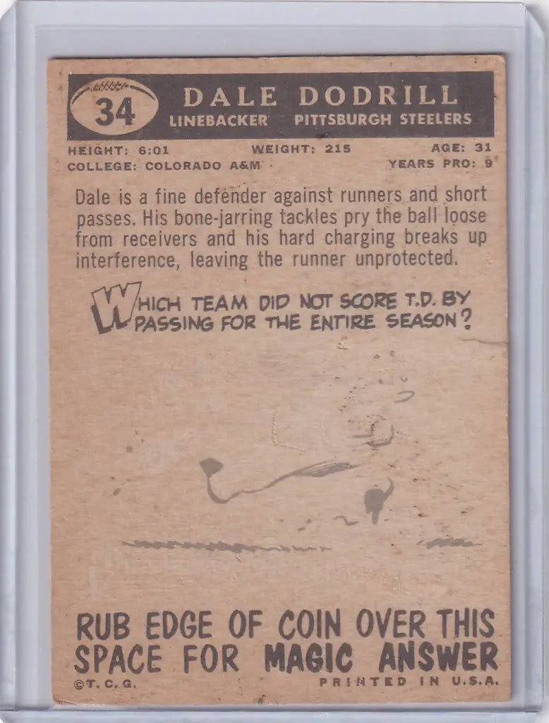 Vintage Topps Football card featuring Dale Dodrill of the Pittsburgh Steelers