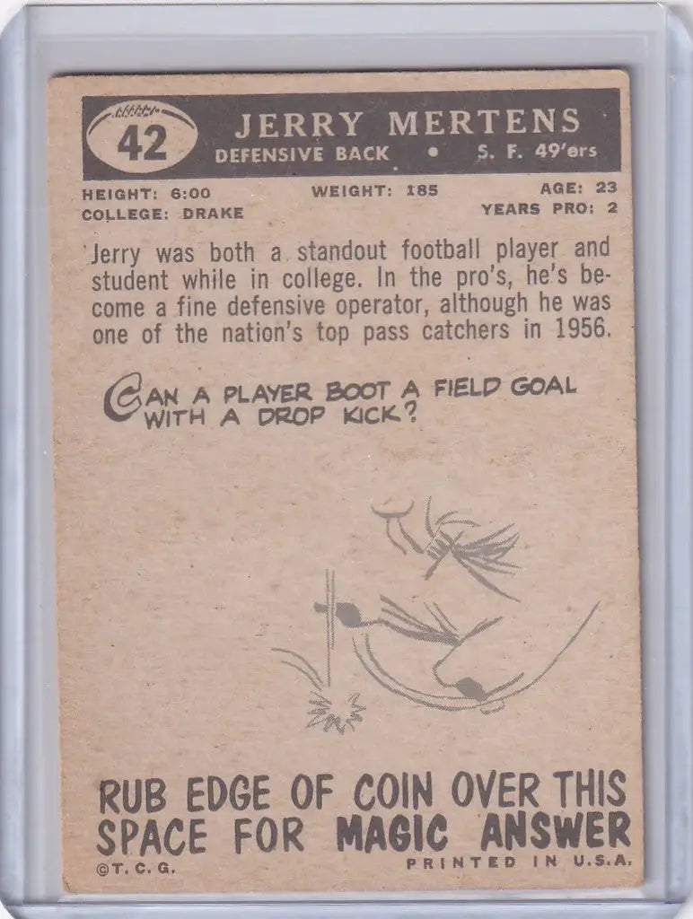 Vintage Topps Football card of Jerry Mertens, San Francisco 49ers player