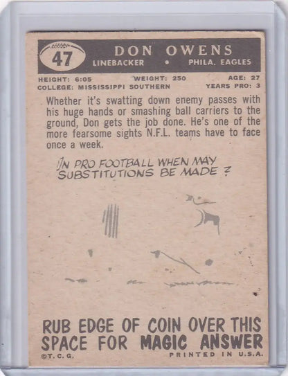 Vintage Topps Football trading card of Don Owens RC UER, Philadelphia Eagles linebacker