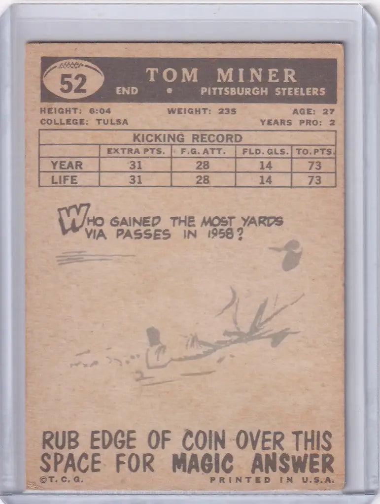 Vintage Topps Football trading card of Tom Miner, Pittsburgh Steelers player from 1959