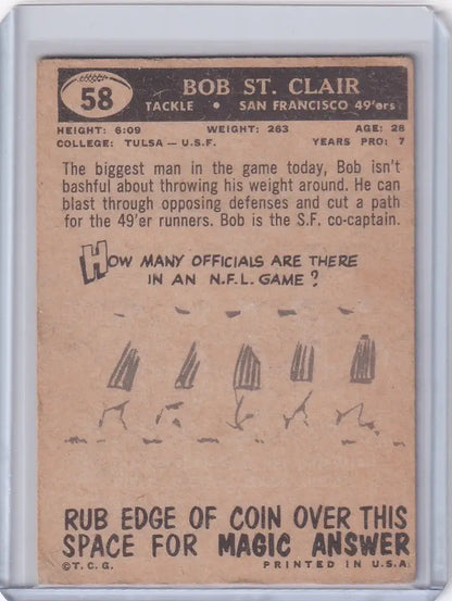 Vintage Topps Football card of Bob St. Clair with San Francisco 49ers memorabilia