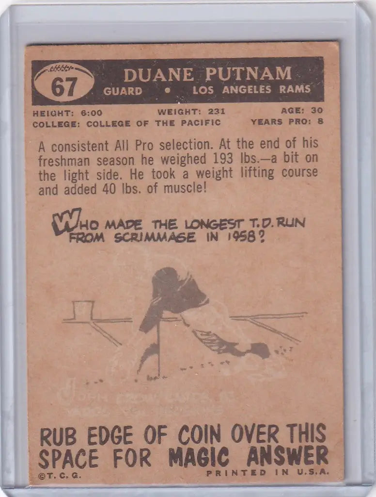 Vintage 1959 Topps Football card of Duane Putnam from the Los Angeles Rams