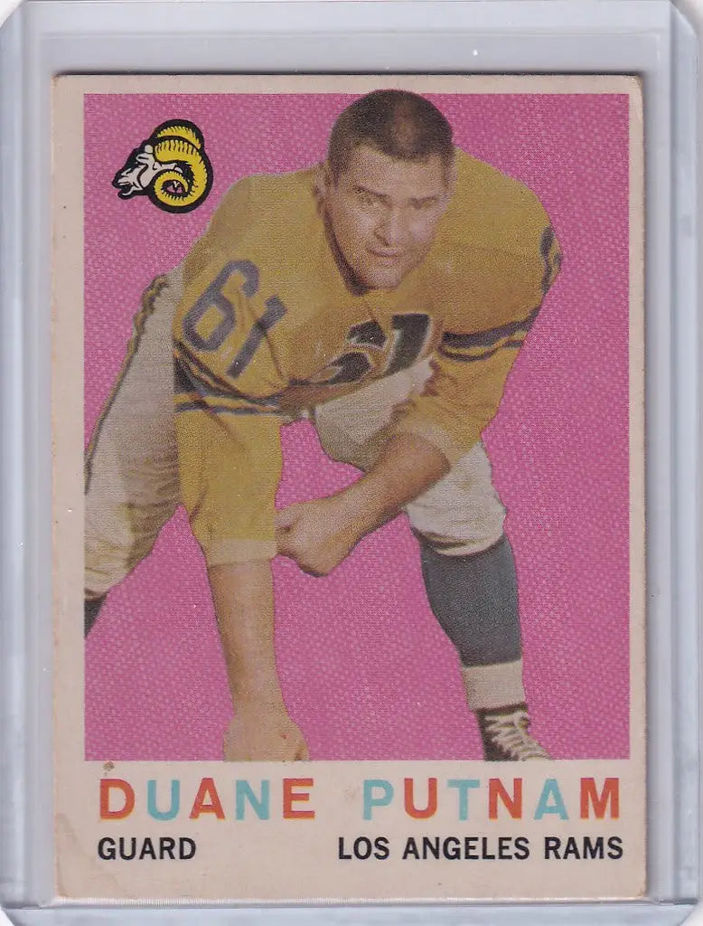 Vintage 1959 Topps Football card of Duane Putnam in Los Angeles Rams uniform