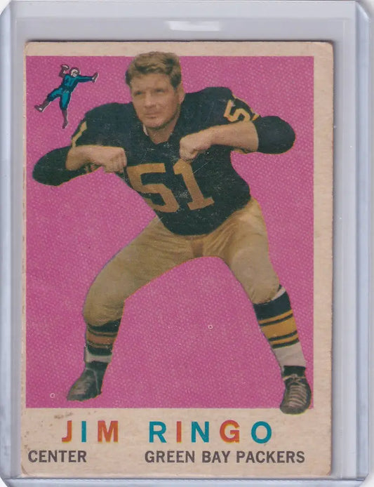 Vintage Topps Football card of Jim Ringo in crouched stance for Green Bay Packers