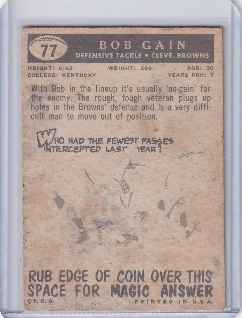 Vintage Topps Football card of Bob Gain, Cleveland Browns #77 Rookie Card