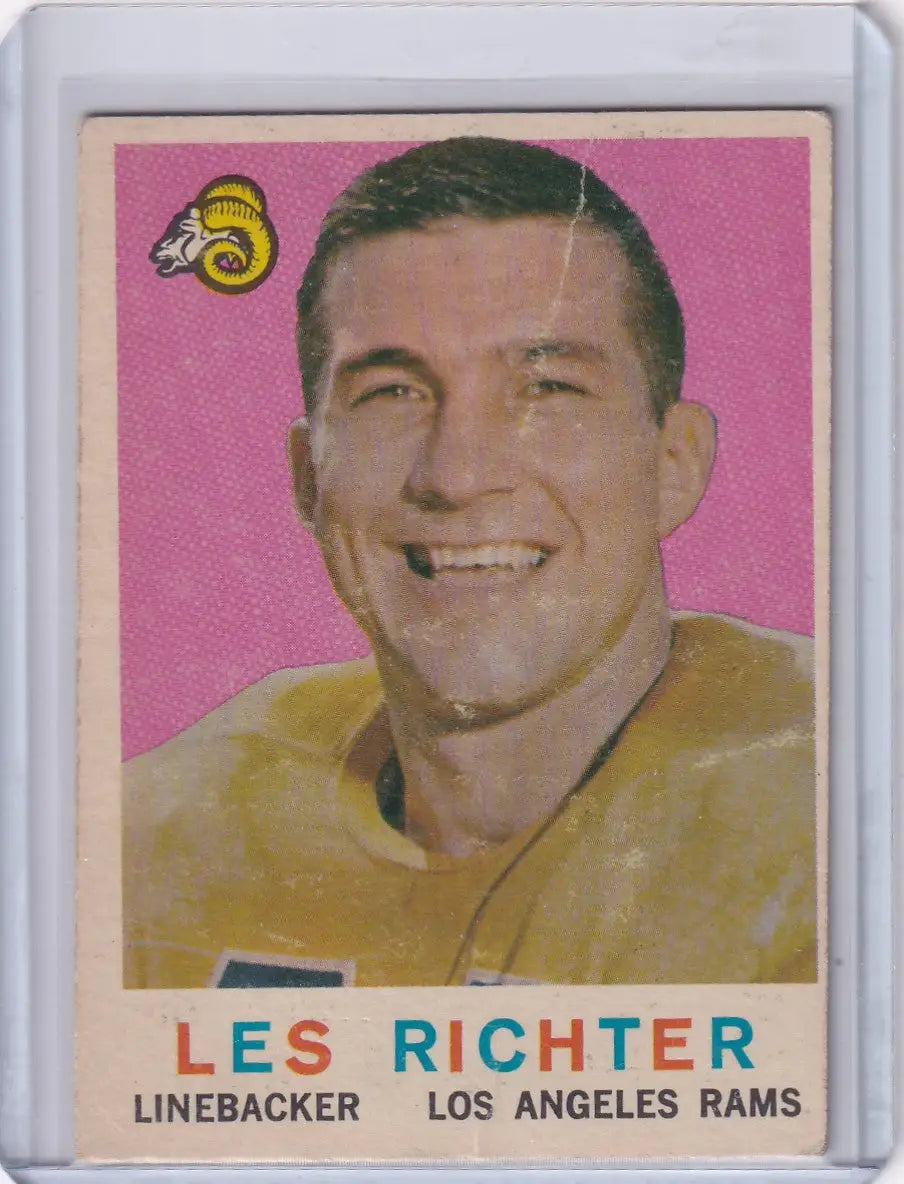 1959 Topps Football card of Les Richter, Los Angeles Rams linebacker in yellow jersey