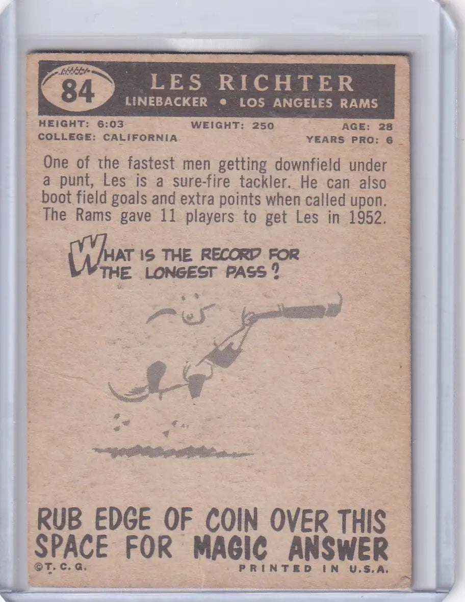 Vintage Topps Football card of Les Richter from the Los Angeles Rams with trivia question