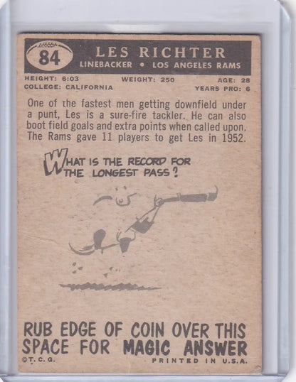 Vintage Topps Football card of Les Richter from the Los Angeles Rams with trivia question