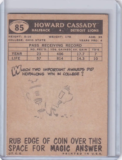 Vintage Topps Football card of Howard Cassady from the Detroit Lions with scratch-off