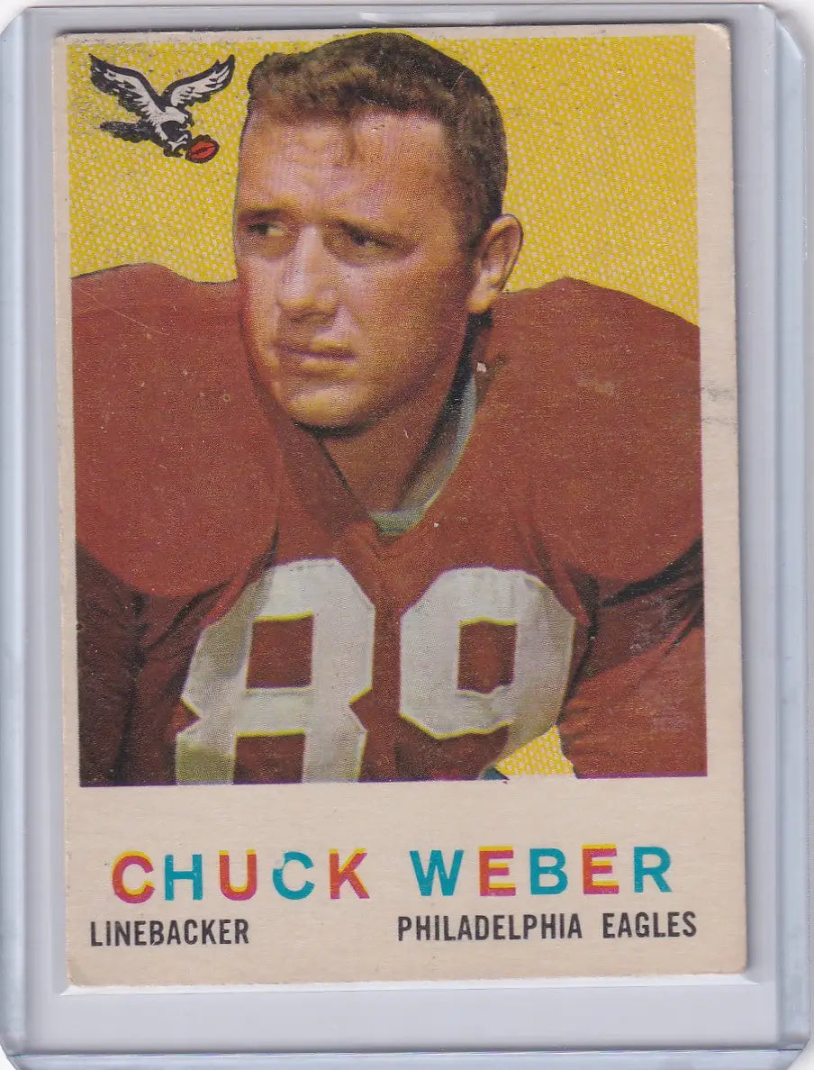 Vintage Topps Football card of Chuck Weber, Philadelphia Eagles linebacker in red jersey