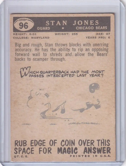 Vintage Topps Football trading card of Stan Jones, Chicago Bears legend, 1959