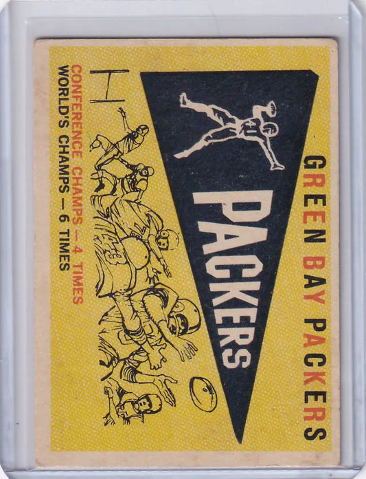 Vintage Green Bay Packers pennant with cartoon illustrations for Topps Football collectors