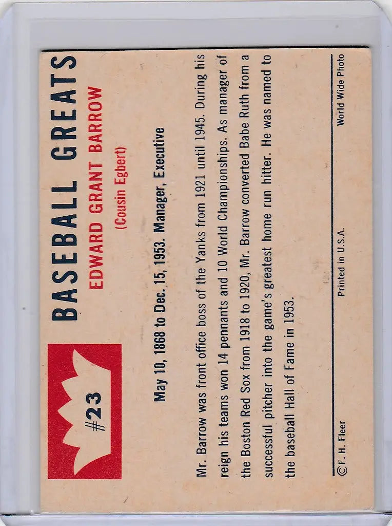 Fleer Baseball Greats card of Edward Grant Barrow, New York Yankees EXMT collectible