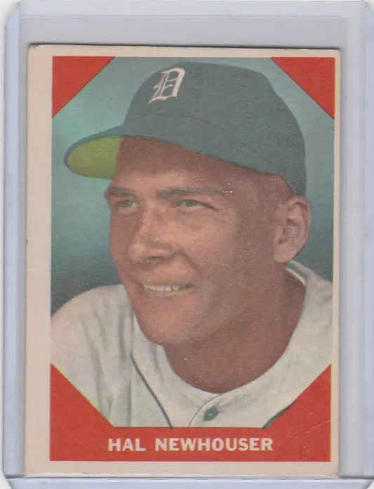 Baseball card of Hal Newhouser, smiling in Detroit Tigers cap, Fleer Baseball Greats