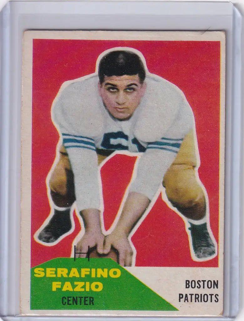 Vintage Fleer Football trading card of Serafino Fazio, Boston Patriots player number 6