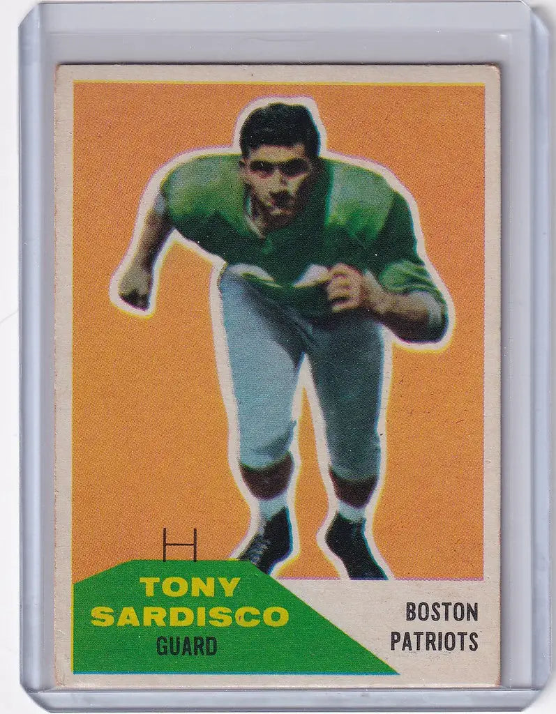 Vintage 1960 Fleer Football card of Tony Sardisco, Boston Patriots player in green jersey