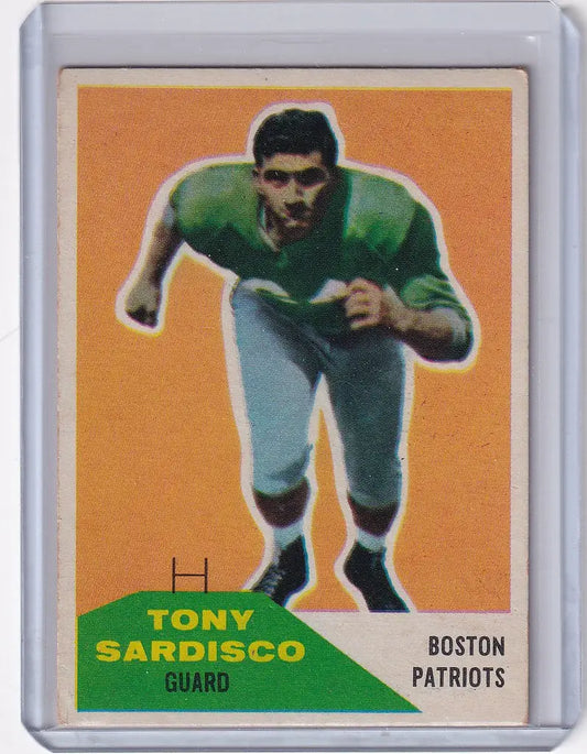 Vintage 1960 Fleer Football card of Tony Sardisco, Boston Patriots player in green jersey