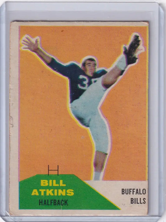 Vintage 1960 Fleer Football trading card of Buffalo Bills halfback Bill Atkins kicking