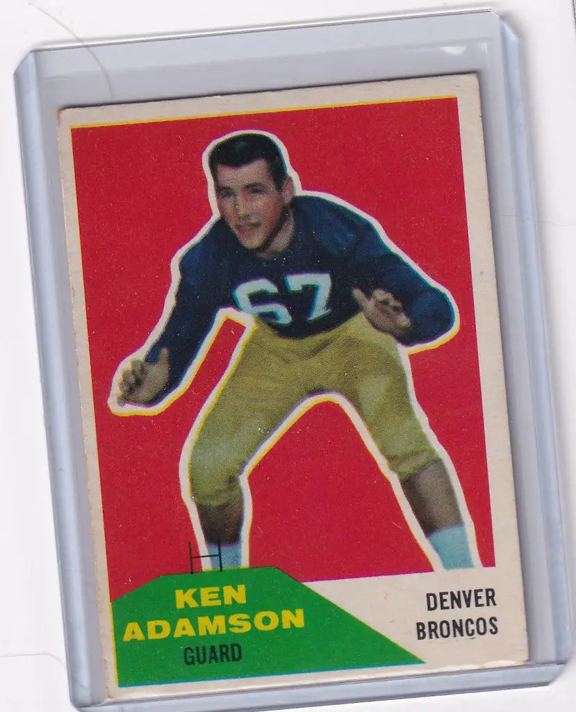 Vintage Fleer Football trading card of Ken Adamson in defensive stance, Denver Broncos