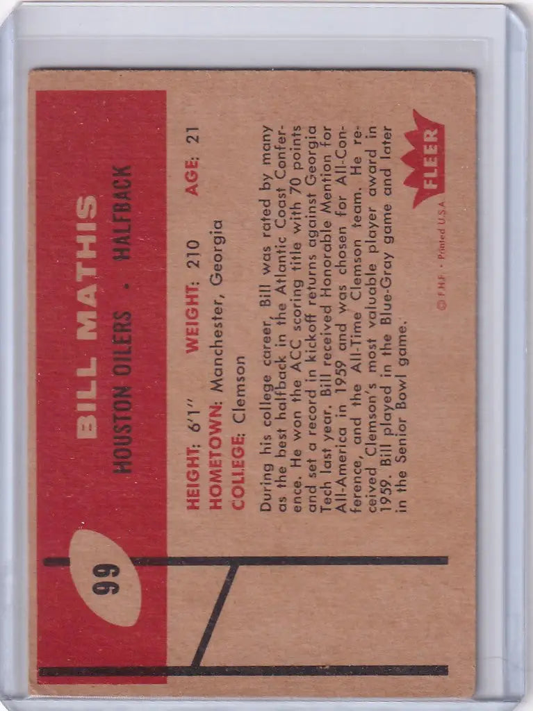 Vintage Fleer Football trading card of Bill Mathis, Houston Oilers on red background